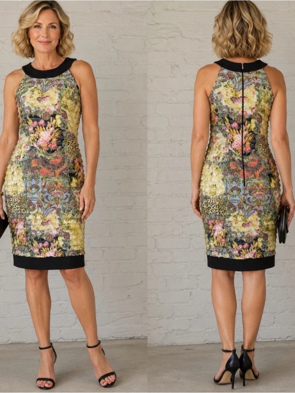 Summer CLEARANCE *** Joseph Ribkoff Black-Trim Floral & Animal Print Midi Dress